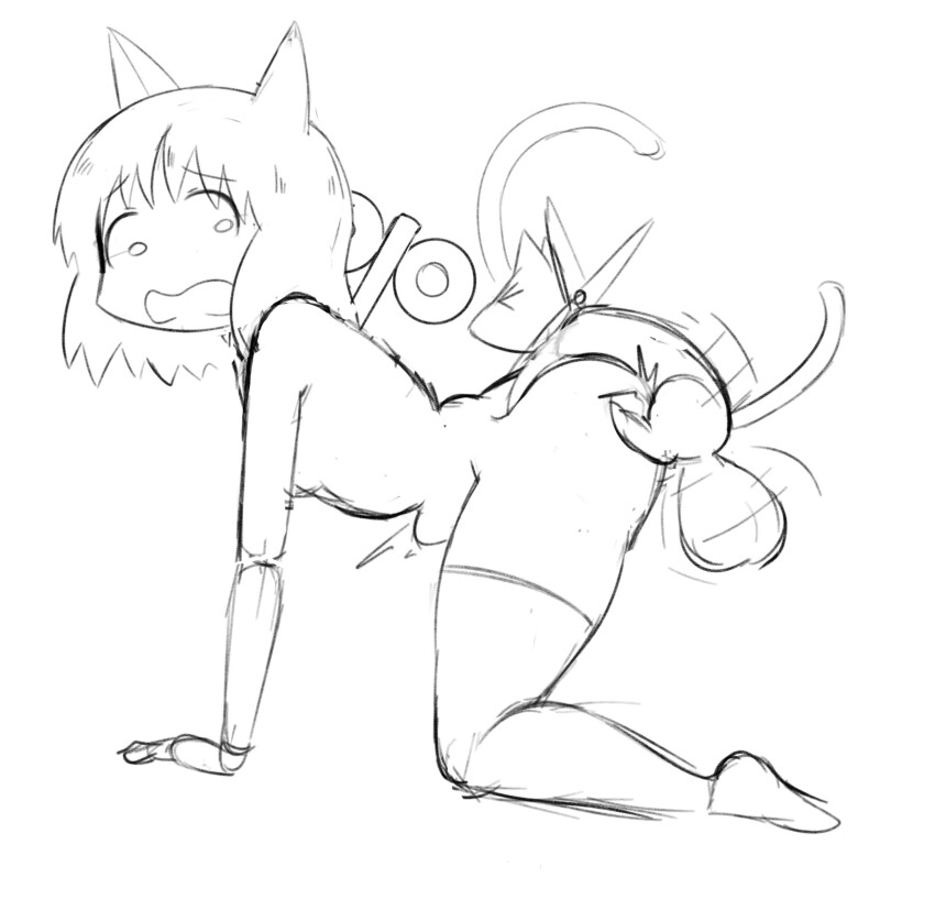 1girl ahegao animal_ears bestiality breasts cat cat_ears cat_tail greyscale huge_testicles mad_mex monochrome nichijou robot sakamoto_(nichijou) sex shinonome_nano short_hair sketch small_breasts stomach_bulge tail testicles thighhighs winding_key