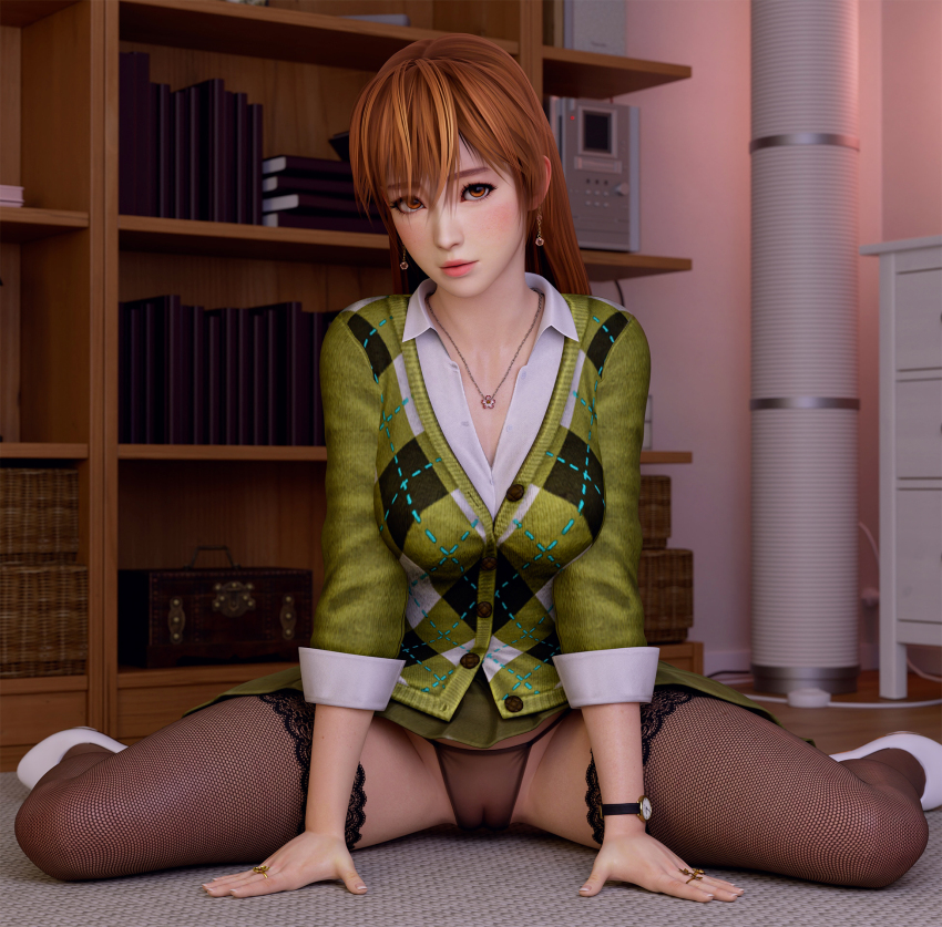 1girl 3d artist_logo blender_(medium) breasts brown_eyes brown_hair closed_mouth dead_or_alive female_focus highres indoors kasumi_(doa) large_breasts logo long_hair lying panties ponytail pussy radianteld solo text_focus uncensored underwear