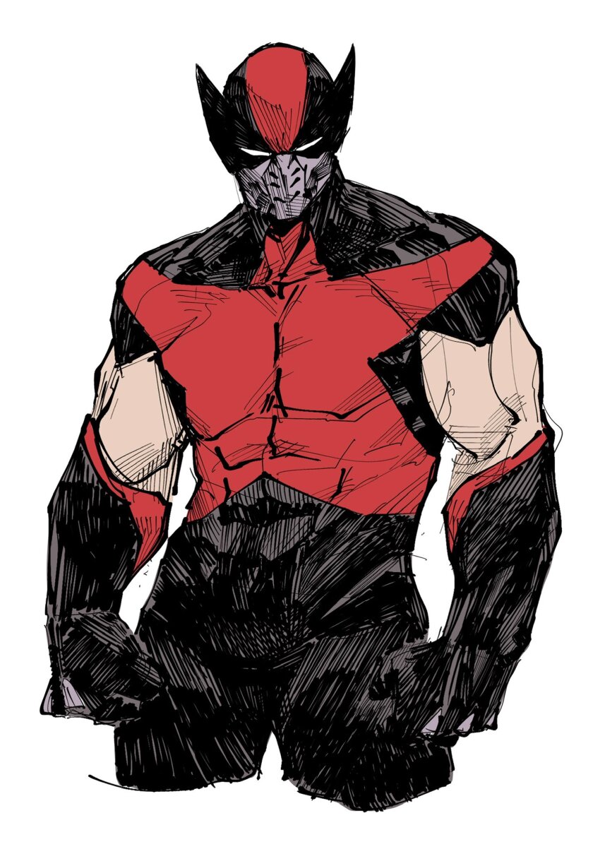 1boy abs bodysuit cropped_legs highres male_focus marvel mask mask_on_head mouth_mask muscular muscular_male red_bodysuit simple_background sketch solo superebiseeeen superhero_costume two-tone_bodysuit wolverine_(x-men) x-men