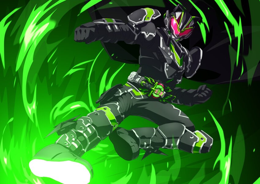 1boy animal_ears armor black_armor black_bodysuit blood bodysuit bujinsword_buckle clenched_hands desire_driver finishing_move foreshortening glowing glowing_sword glowing_weapon green_theme hand_up highres kamen_rider kamen_rider_geats_(series) kamen_rider_tycoon kamen_rider_tycoon_bujinsword katana kicking looking_down male_focus otokamu power_armor raccoon_ears rain raise_buckle red_eyes rider_kick sword weapon