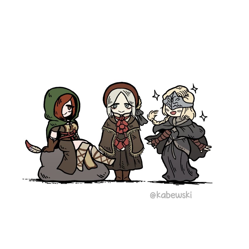 3girls :d absurdres artist_name bloodborne blush braid braided_ponytail closed_mouth dark_souls_(series) dark_souls_iii elden_ring emerald_herald feathers fingerless_gloves fire_keeper gloves grey_hair happy highres holding holding_feather hood hood_up kabewski long_hair multiple_girls open_mouth parted_bangs plain_doll ponytail red_gloves simple_background sitting smile sparkle standing white_background