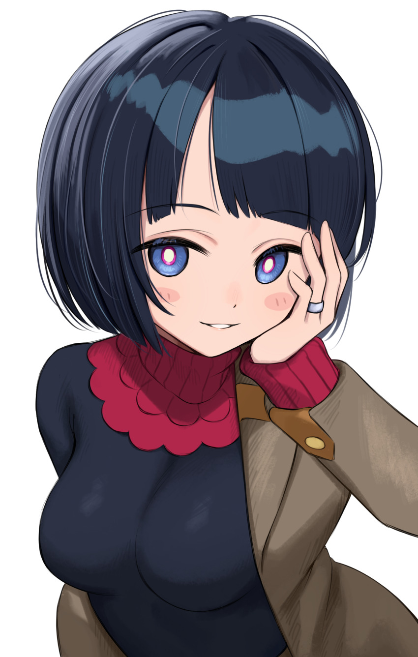1girl black_hair black_shirt blue_eyes blush_stickers breasts brown_jacket commentary_request gundam gundam_gquuuuuux hand_up highres hoshimiya_aki jacket jewelry looking_at_viewer medium_breasts off_shoulder open_clothes open_jacket parted_lips ring shiiko_sugai shirt short_hair simple_background solo upper_body white_background