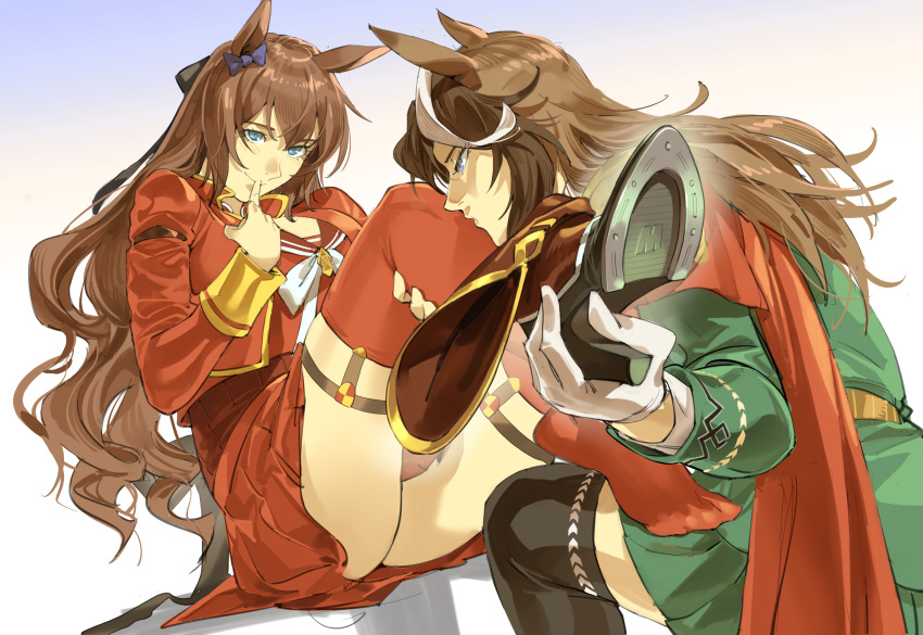 2girls animal_ears ass back_bow black_bow black_thighhighs blue_bow boots bow brown_hair cape commentary_request cropped_jacket ear_bow feet finger_to_mouth gloves gradient_background green_jacket green_skirt hair_bow high_heel_boots high_heels highres holding_another&#039;s_leg holding_shoe horse_ears horse_girl jacket long_hair long_sleeves maruzensky_(umamusume) multicolored_hair multiple_girls on_one_knee open_clothes open_jacket pleated_skirt purple_eyes red_boots red_cape red_jacket red_serafuku red_shirt red_skirt red_thighhighs ruukii_drift school_uniform serafuku shirt shoes skirt smile streaked_hair symboli_rudolf_(umamusume) thigh_strap thighhighs thighs umamusume unworn_shoes white_bow white_gloves white_hair