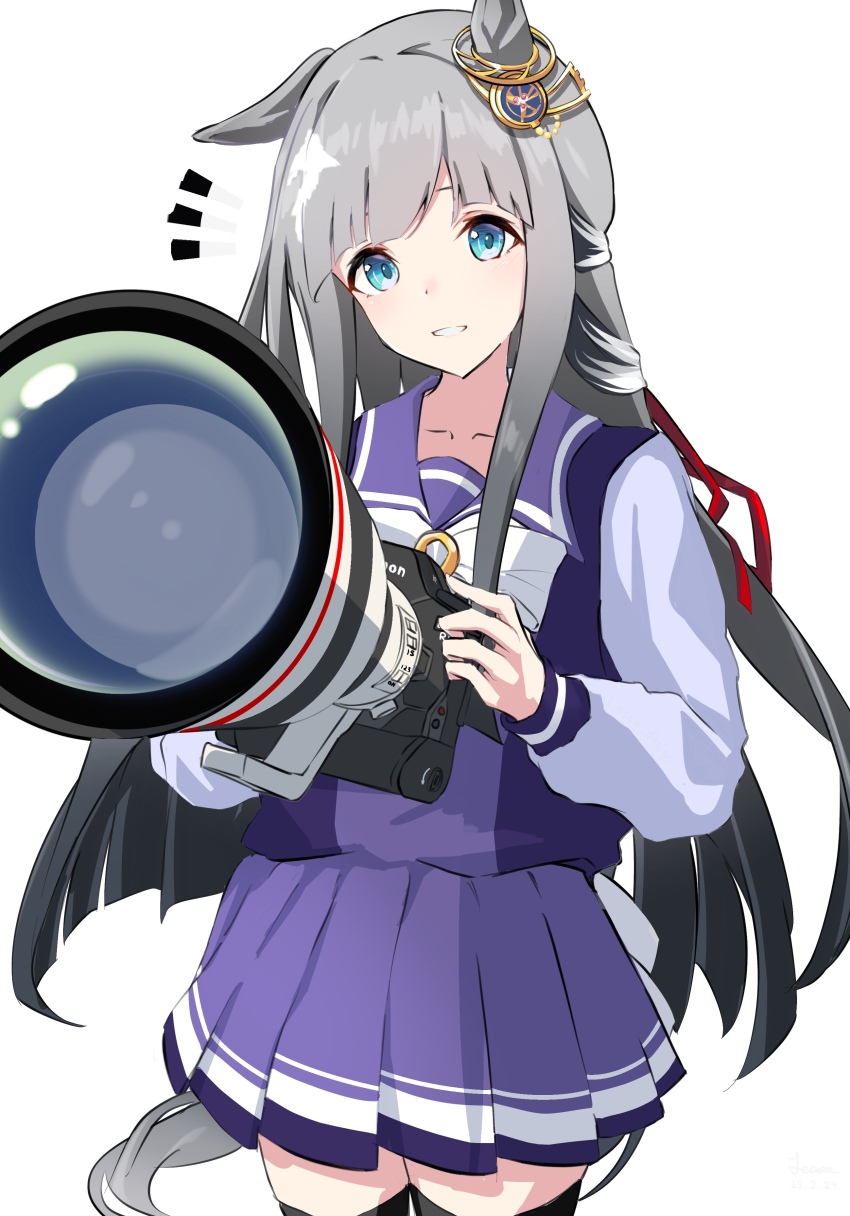 1girl absurdres animal_ears back_bow blue_eyes blunt_bangs bow bowtie camera chrono_genesis_(umamusume) cowboy_shot grey_hair highres holding holding_camera horse_ears horse_girl horse_tail large_bow lesoa long_hair long_sleeves looking_at_viewer pleated_skirt purple_shirt purple_skirt purple_thighhighs sailor_collar sailor_shirt school_uniform shirt simple_background skirt smile solo tail telephoto_lens thighhighs tracen_school_uniform umamusume white_background white_bow white_bowtie