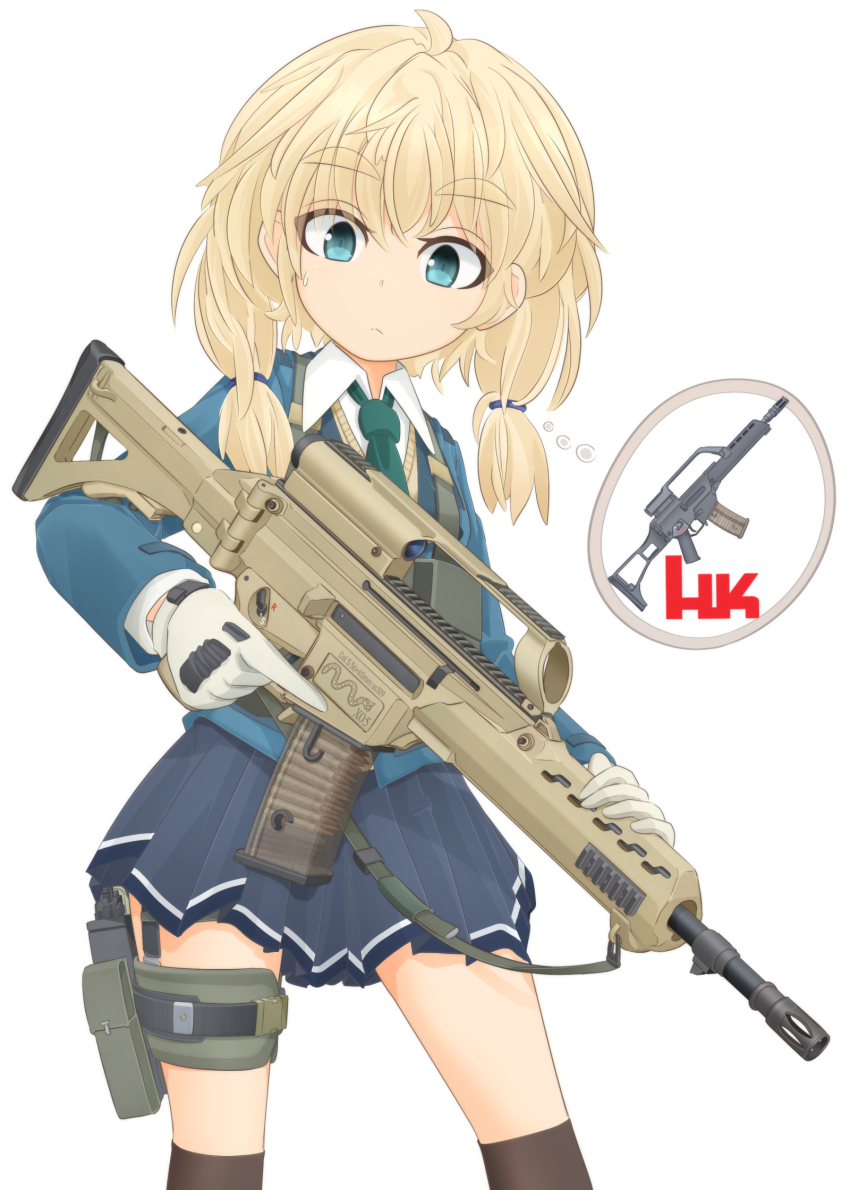 1girl assault_rifle black_thighhighs blazer blonde_hair blue_eyes blue_jacket blue_necktie blue_skirt closed_mouth commentary_request cowboy_shot dress_shirt female_focus fx-05_xiuhcoatl gloves gun h&amp;k_g36 hair_tie handgun harness highres holding holding_gun holding_weapon holster jacket light_frown looking_at_viewer low_twintails md5_mismatch medium_hair mikeran_(mikelan) miniskirt necktie original over-kneehighs partial_commentary pleated_skirt print_skirt resolution_mismatch rifle school_uniform scope shirt simple_background single_horizontal_stripe skirt solo source_smaller speech_bubble standing sweatdrop sweater tactical_clothes thigh_holster thigh_strap thighhighs thought_bubble trigger_discipline twintails v-neck weapon white_background white_gloves white_shirt white_sweater wing_collar