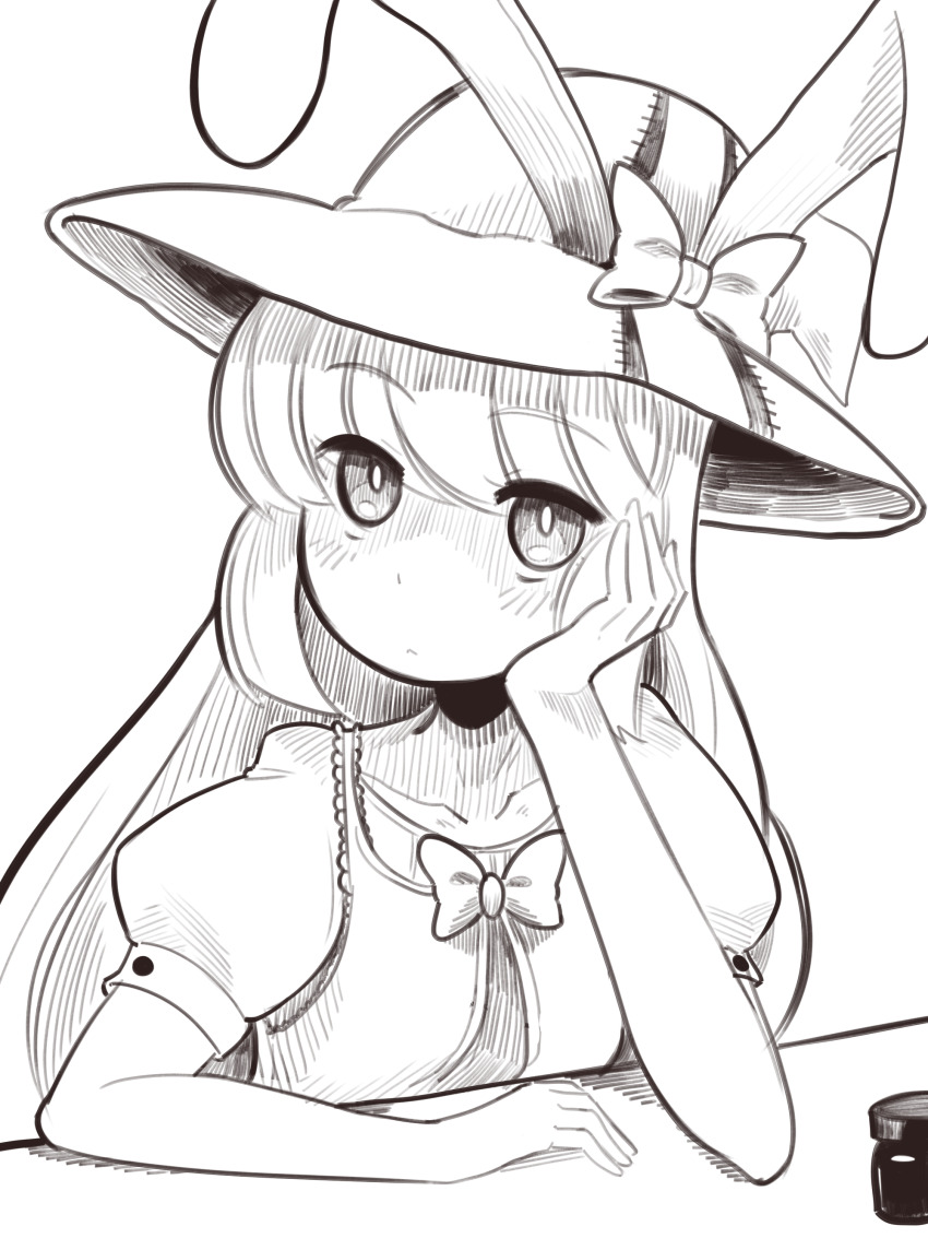 1girl absurdres animal_ears boa_(brianoa) brown_theme closed_mouth commentary eyes_visible_through_hair female_focus hat highres irisu_kyouko irisu_shoukougun! long_hair looking_at_viewer monochrome rabbit_ears solo witch_hat