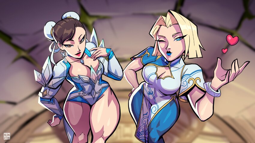 2girls absurdres blonde_hair blue_eyes blue_lips bracelet breasts brown_eyes brown_hair bun_cover capcom china_dress chinese_clothes choker chun-li chun-li_(cosplay) cleavage cosplay costume_switch crossover double_bun dress emma_frost emma_frost_(cosplay) hair_bun heart highres jewelry large_breasts lipstick looking_at_viewer makeup marvel marvel_rivals marvel_vs._capcom multiple_girls neon_(neonzitos) pelvic_curtain short_hair smile street_fighter street_fighter_6 thick_thighs thighs x-men
