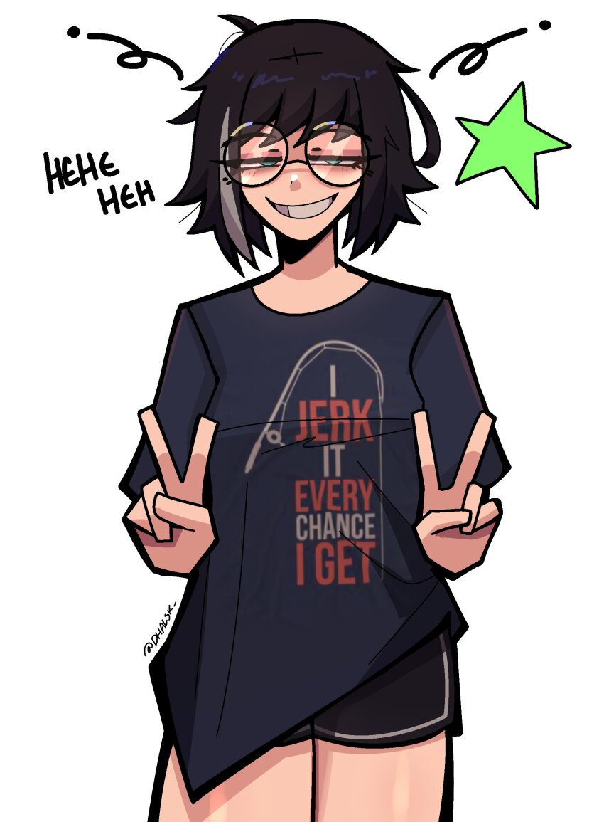 1girl absurdres dhalsk english_text eyebags female_pervert glasses half-closed_eyes highres meme messy_hair multicolored_hair original pervert shirt short_hair short_shorts shorts simple_background smile unkempt v