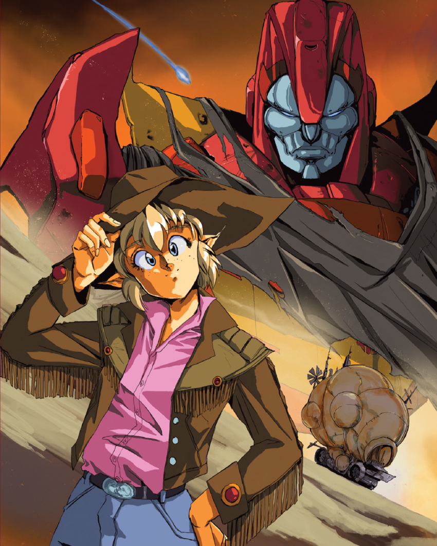 1980s_(style) 1boy 1girl autobot belt black_belt black_cloak blonde_hair blue_eyes blue_pants cloak comic_cover commentary cover_image cowboy_hat english_commentary hand_on_own_hip hat head_tilt highres hinomars19 oldschool pants pointy_ears retro_artstyle rodimus shib_(transformers) shirt_tucked_in short_hair smile the_transformers_(idw) transformers
