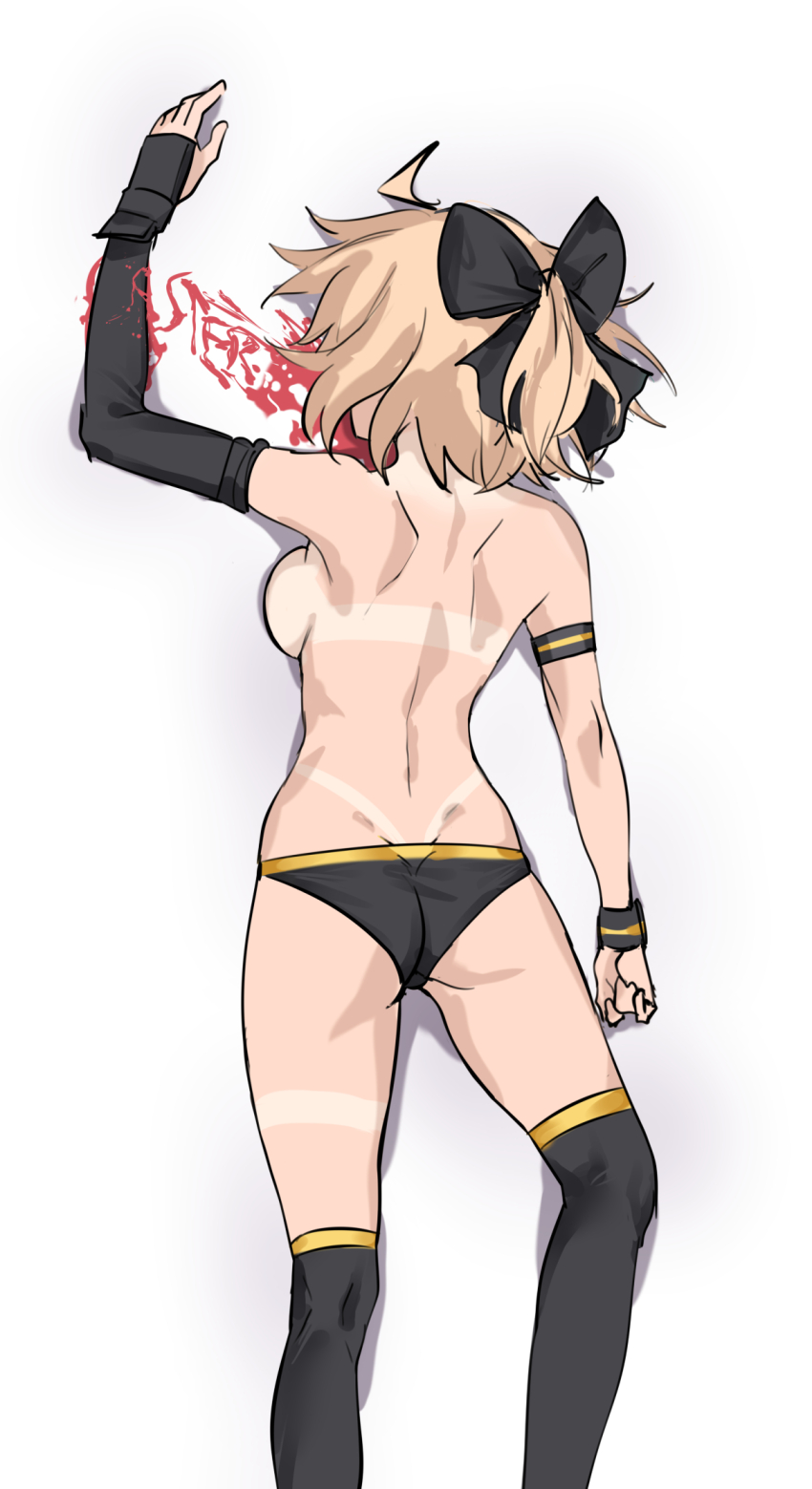 1girl ahoge ass back bikini bikini_bottom_only black_bikini black_bow black_gloves black_thighhighs blonde_hair blood bow breasts das_(dan_dan) elbow_gloves fate/grand_order fate_(series) female_focus gloves hair_bow half_updo highres large_breasts lying okita_j._souji_(fate) okita_j._souji_(first_ascension)_(fate) okita_souji_(fate) on_stomach short_hair single_glove solo swimsuit tan tanline thigh_strap thighhighs thighs topless_female wristband