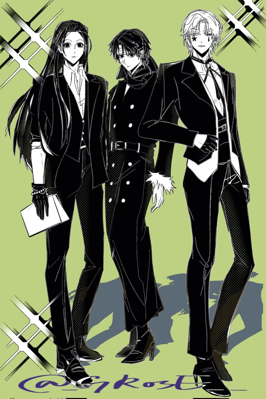 3boys bandaged_head bandages bead_bracelet beads black_gloves black_hair black_jacket black_necktie black_pants black_scarf black_shoes bracelet chrollo_lucilfer facial_mark full_body fur-trimmed_jacket fur_trim gloves green_background grose high_heels highres hisoka_morow hunter_x_hunter illumi_zoldyck jacket jewelry long_hair male_focus multiple_boys necktie pants parted_bangs scarf shirt shoes short_hair sparkle standing twitter_username white_shirt