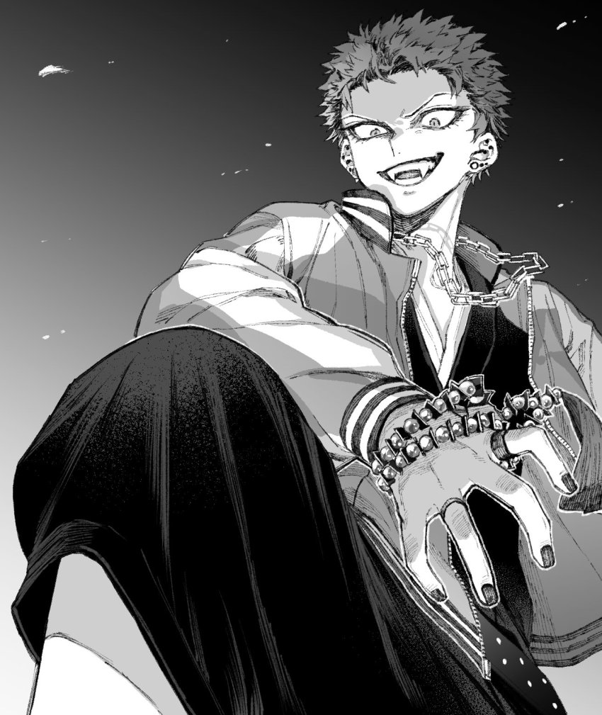 1boy bracelet chain ear_piercing fangs greyscale harai_kuko highres hypnosis_mic jacket japanese_clothes jewelry letterman_jacket long_sleeves maki_keigo male_focus monochrome multiple_rings piercing ring simple_background solo spiked_hair