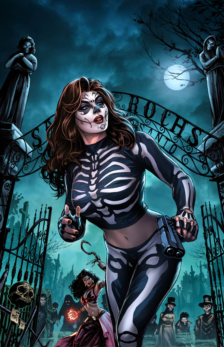 2girls 6+boys absurdres artist_collaboration black_gloves black_nails black_pants black_shirt bone_print brown_eyes brown_hair facepaint fingerless_gloves full_moon gloves graveyard gun highres holding holding_gun holding_weapon juan_fernandez la_muerta la_muerta_(character) long_hair midriff mike_krome moon multiple_boys multiple_girls navel night outdoors pants print_pants print_shirt shirt solo_focus weapon