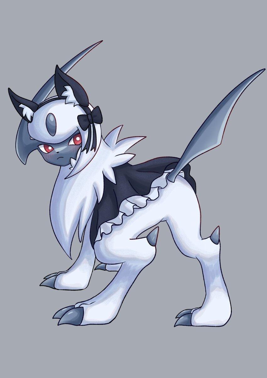 absol animal_ears blush bow cat_ears claws closed_mouth dress fake_animal_ears frown full_body gen_3_pokemon highres horns nintendo no_humans pokemon pokemon_(creature) red_eyes ribbon single_horn solo soruva_359 standing white_hair