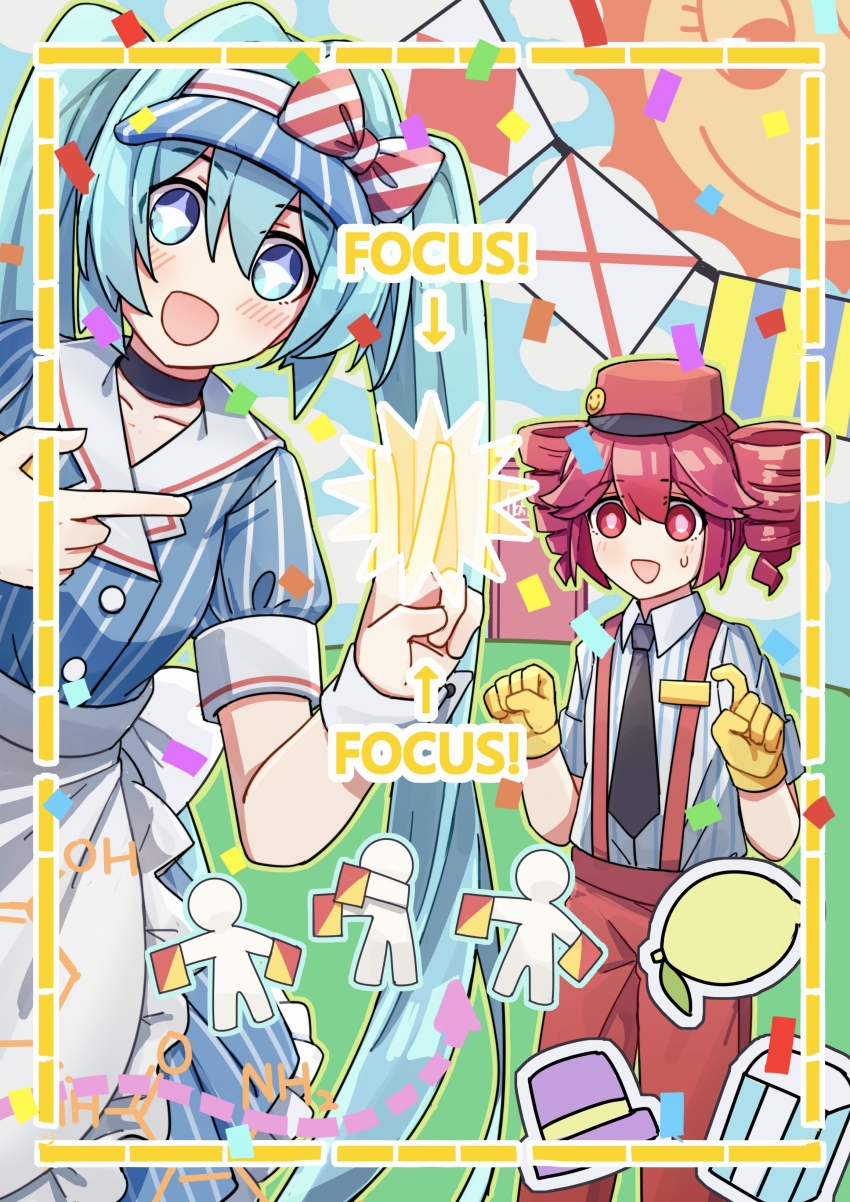 2girls absurdres apron black_choker blue_dress blue_hat blush buttons chemical_structure choker collarbone confetti distress_hand_signal double-breasted dress drill_hair exit_sign frontiersun gloves hand_up hat hatsune_miku highres kasane_teto looking_at_viewer mesmerizer_(vocaloid) multiple_girls open_mouth pants pink_eyes pink_hair pinstripe_dress pinstripe_hat pinstripe_pattern puffy_short_sleeves puffy_sleeves red_hat red_pants semaphore_flags short_sleeves signal_flag smile sos sun_(the_amazing_digital_circus) suspenders sweat the_amazing_digital_circus tridecagram twin_drills utau v visor_cap vocaloid waist_apron white_apron wing_collar wrist_cuffs yellow_gloves