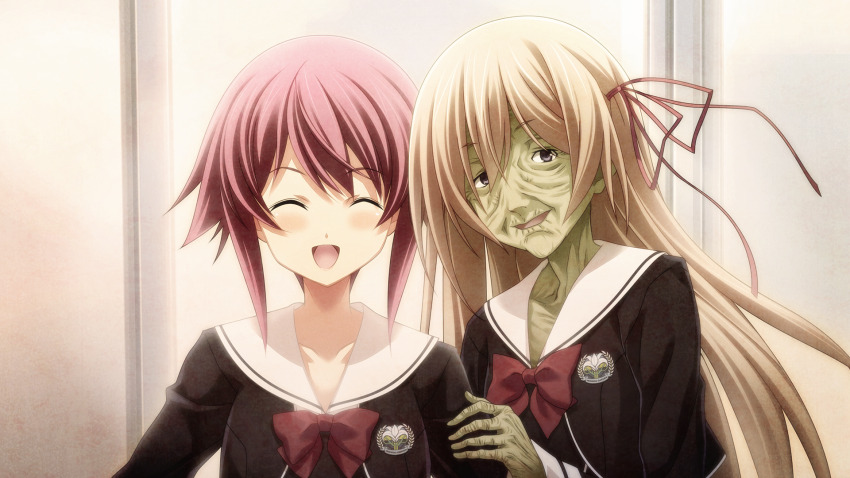 2girls aged_up bags_under_eyes black_dress black_jacket black_trim bow breasts chaos;child chaos_child_syndrome chest_bow closed_eyes collarbone colored_skin cropped_jacket dot_nose dress ears_visible_through_hair emaciated facing_viewer game_cg green_skin hair_between_eyes hair_ribbon hand_on_another&#039;s_arm happy hekiho_academy hekiho_academy_school_uniform highres jacket kurusu_nono leaning_on_person long_hair long_sleeves looking_at_viewer medium_breasts multiple_girls non-web_source official_art old old_woman onoe_serika open_mouth orange_hair pink_hair pink_lips purple_eyes red_ribbon ribbon sailor_collar sailor_shirt sasaki_mutsumi school_uniform shiny_lips shirt short_hair short_hair_with_long_locks sidelocks skinny smile swept_bangs tongue white_sailor_collar white_trim wrinkled_skin