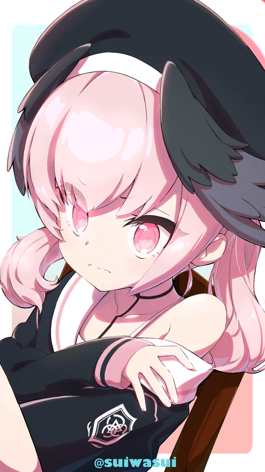 1girl absurdres beret black_hat black_shirt black_wings blue_archive bra commentary_request hat head_wings highres koharu_(blue_archive) looking_at_viewer medium_hair pink_eyes pink_hair sailor_collar shirt solo suwasui twitter_username underwear white_bra white_sailor_collar wings
