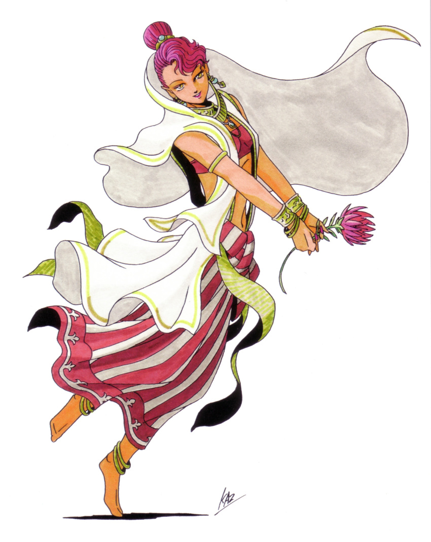 1girl anklet barefoot feet flower highres jewelry kazuma_kaneko looking_at_viewer official_art parvati parvati_(megami_tensei) pink_hair pointy_ears shin_megami_tensei strapless toes tube_top yellow_eyes