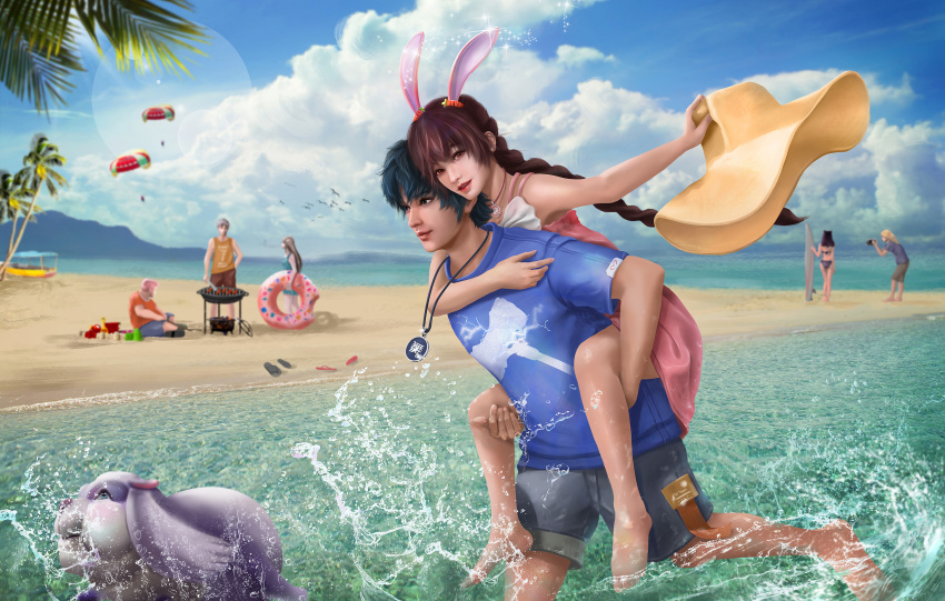beach carrying cooking couple douluo_dalu friends grill grilling hat highres piggyback running splashing straw_hat summer tang_san xiao_wu_(douluo_dalu)