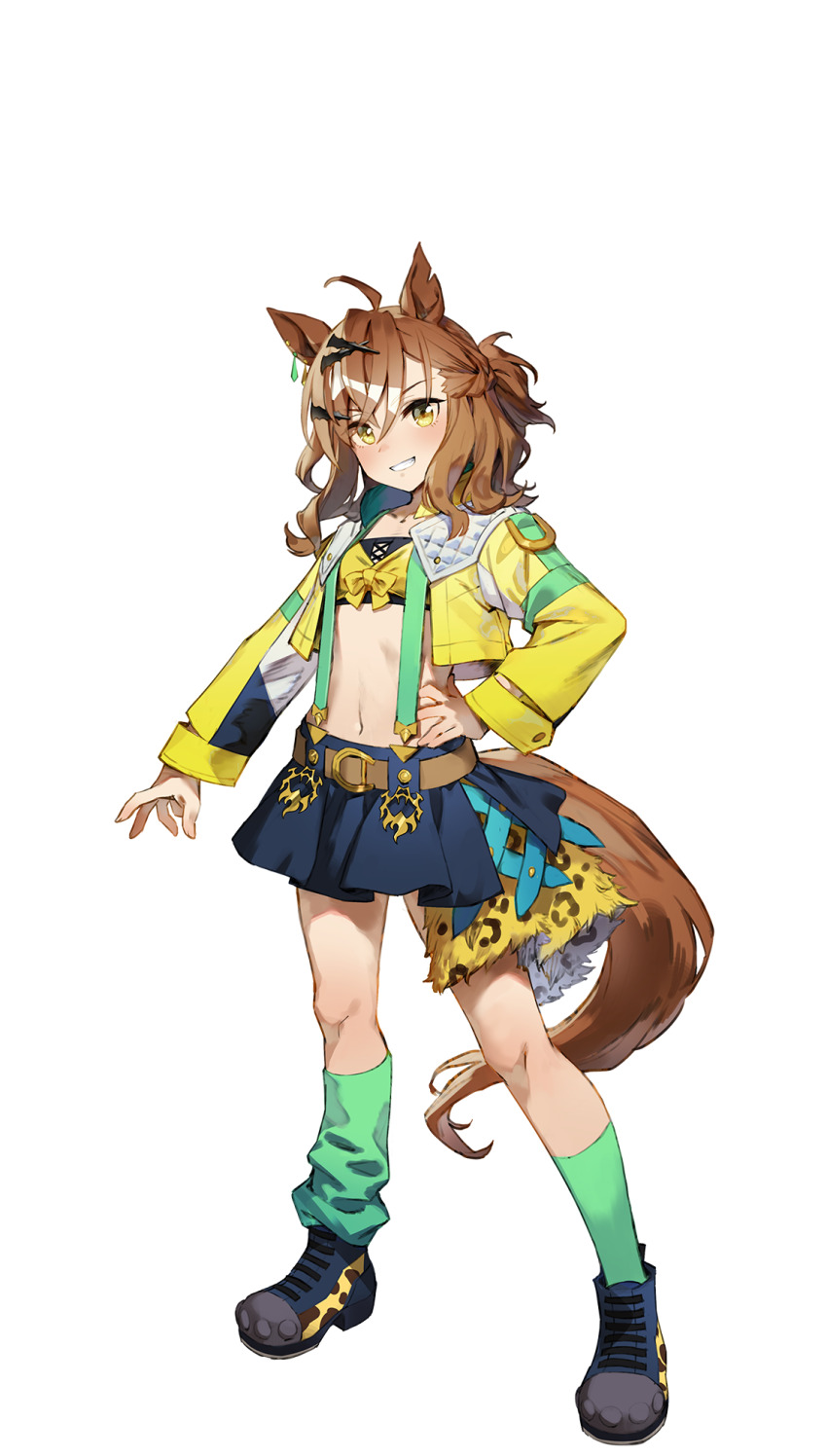 1girl ahoge animal_ears belt black_footwear black_skirt bow breasts brown_hair earrings full_body green_socks grin hair_between_eyes hair_ornament hairclip hand_on_own_hip highres horse_ears horse_girl horse_tail horseshoe_ornament jacket jewelry jungle_pocket_(umamusume) long_sleeves looking_at_viewer loose_socks midriff miniskirt navel notched_ear official_art open_clothes open_hand open_jacket open_mouth shadow single_earring skirt small_breasts smile socks solo suspenders tachi-e tail teeth transparent_background umamusume v-shaped_eyebrows wavy_hair x_hair_ornament yellow_bow yellow_eyes yellow_jacket