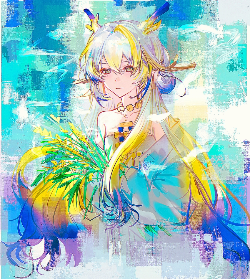 1girl absurdres arknights baixiaogao264 bare_shoulders blonde_hair chinese_commentary closed_mouth collarbone commentary_request cropped_torso dragon_girl dragon_horns fading green_eyes hair_between_eyes highres holding holding_plant horns jewelry long_hair looking_at_viewer multicolored_hair necklace off_shoulder plant purple_hair shu_(arknights) solo surreal wheat white_hair