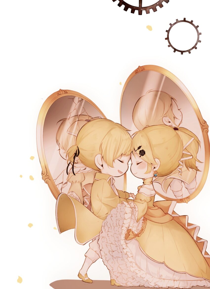 1boy 1girl aku_no_meshitsukai_(vocaloid) aku_no_musume_(vocaloid) allen_avadonia ascot bare_shoulders blush_stickers bow broken_mirror brother_and_sister chibi choker closed_eyes cosplay costume_switch crossdressing crying detached_collar different_reflection dress dress_bow earrings evillious_nendaiki face-to-face falling_petals forehead-to-forehead four_mirrors_of_lucifenia frilled_dress frilled_sleeves frills gears hair_bow hair_down hair_ornament hair_ribbon hairclip heads_together high_collar high_ponytail highres jacket jewelry kagamine_len kagamine_rin kneehighs levi_(ailice04) mirror off-shoulder_dress off_shoulder orange_bow pants petals petticoat ponytail reflection ribbon riliane_lucifen_d&#039;autriche shattered shoes short_ponytail siblings smile socks streaming_tears tears twins updo vessel_of_sin vocaloid white_pants wide_sleeves yellow_bow yellow_choker yellow_dress yellow_jacket yellow_shoes