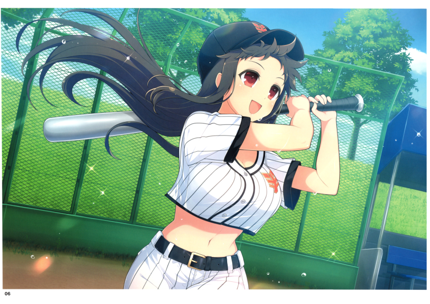 1girl :d absurdres ayame_(senran_kagura) baseball baseball_bat baseball_cap baseball_jersey baseball_stadium baseball_uniform belt belt_buckle bench black_belt black_hair blue_sky blush breasts buckle chain-link_fence cleavage cloud crop_top crop_top_overhang day fence field flying_sweatdrops grass hat highres holding holding_baseball_bat jersey large_breasts lens_flare light_particles linea_alba long_hair metal_baseball_bat midriff navel official_alternate_costume official_art open_mouth outdoors over_shoulder plant playing_sports red_eyes school_emblem senran_kagura senran_kagura_new_link senran_kagura_new_wave shiny_skin short_shorts short_sleeves shorts sky smile solo sparkle sportswear standing stomach sweat swinging tree white_shorts yaegashi_nan