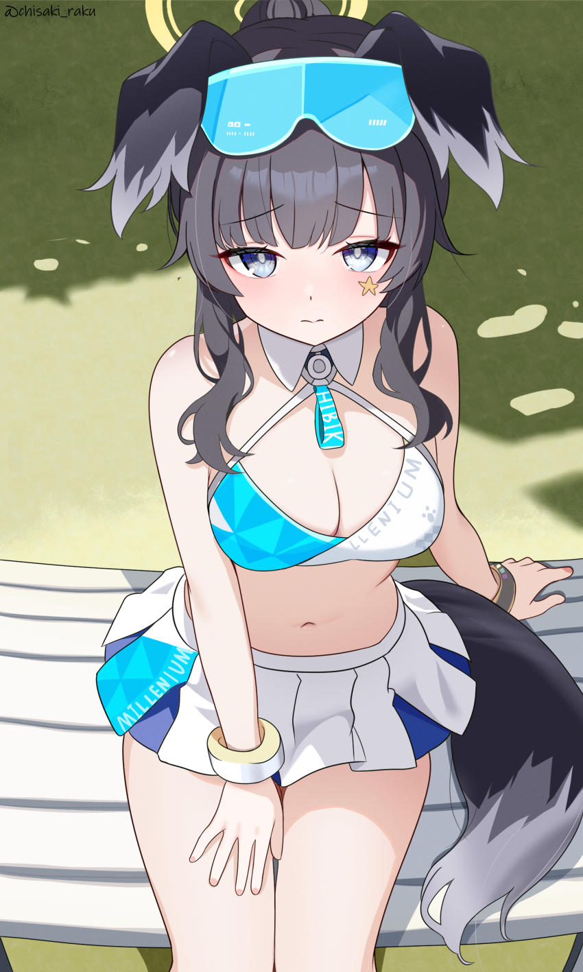 1girl 3: absurdres animal_ears bare_shoulders black_hair blue_archive blue_eyes blush bracelet breasts bright_pupils cheerleader chisaka_raku cleavage closed_mouth commentary_request day detached_collar dog_ears dog_girl dog_tail eyelashes floppy_ears furrowed_brow goggles goggles_on_head halo hand_on_own_thigh hibiki_(blue_archive) hibiki_(cheer_squad)_(blue_archive) highres jewelry long_hair looking_at_viewer medium_breasts miniskirt navel official_alternate_costume official_alternate_hairstyle on_bench outdoors pleated_skirt ponytail shy sidelocks sitting skirt solo tail twitter_username upturned_eyes white_pupils yellow_halo