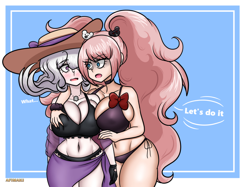 2girls afimaki bear_hair_ornament bikini blue_eyes blush breasts choker cleavage curvy danganronpa_(series) danganronpa_3_(anime) enoshima_junko female_focus gloves grabbing_another&#039;s_breast grey_hair groping hair_ornament hair_over_one_eye hat highres huge_breasts implied_yuri jewelry kimura_seiko long_hair multiple_girls navel necklace pink_hair purple_eyes ribbon sarong scrunchie simple_background skindentation speech_bubble swimsuit thick_thighs thighs twintails very_long_hair wide_hips