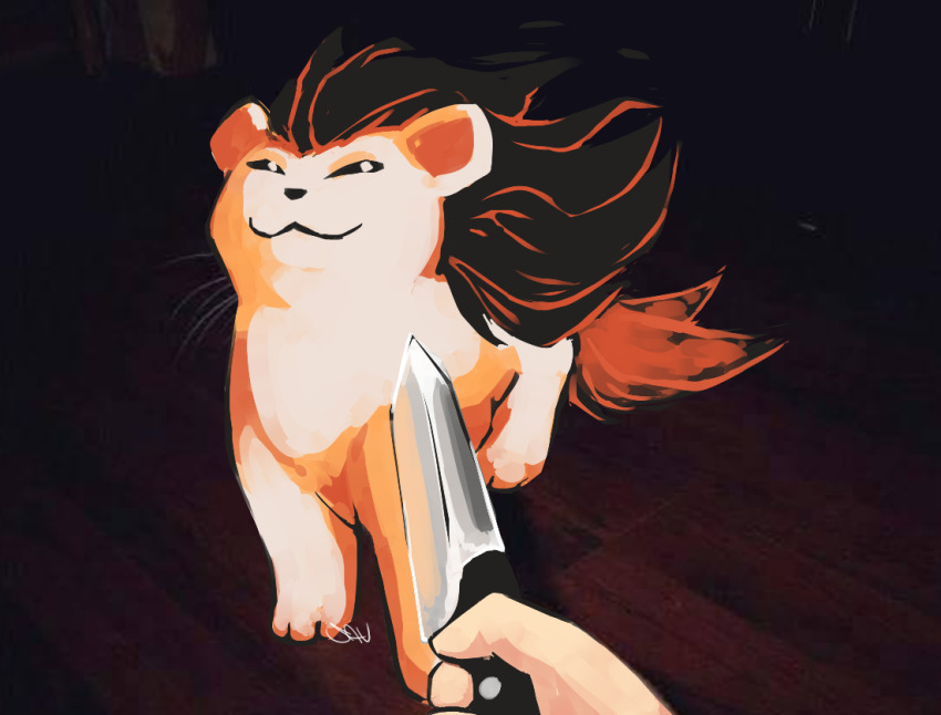 :3 beta_pokemon closed_mouth commentary creature english_commentary holding holding_knife knife knife_cat_(meme) looking_at_viewer meme nintendo pokemon pokemon_(creature) pokemon_gsc pokemon_gsc_(prototype) prototype_design savvart signature solo_focus volbear