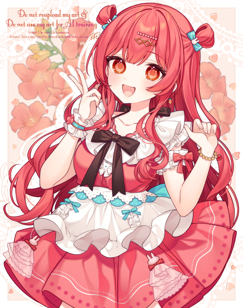 1girl :d apron black_bow blue_bow border bow breasts brown_background collarbone commentary_request commission dress floral_background hair_bow hair_ornament hairclip hands_up highres karokuchitose long_hair medium_breasts open_mouth orange_eyes original pleated_dress rabbit_hair_ornament red_background red_bow red_dress red_hair skeb_commission smile solo v very_long_hair waist_apron watermark web_address white_apron white_border