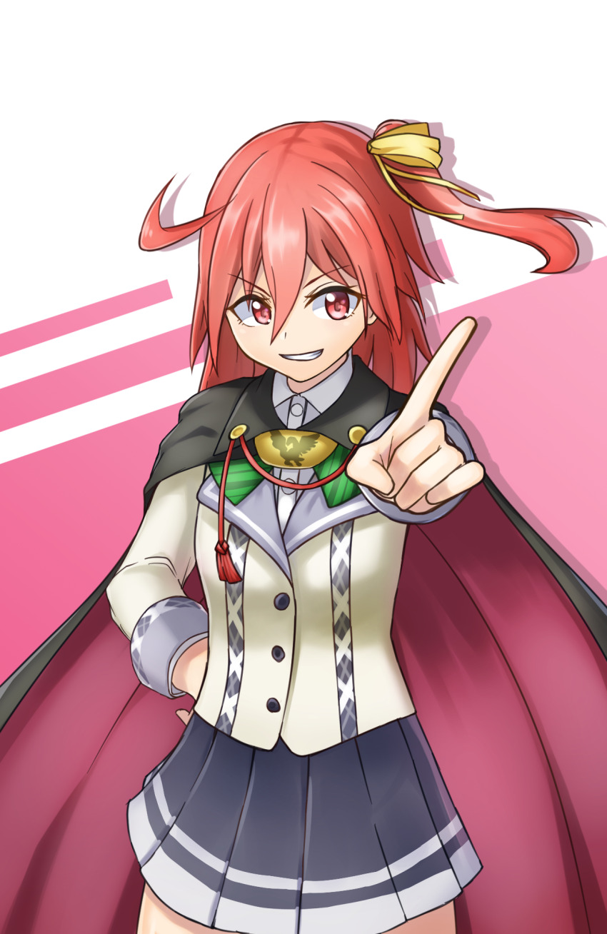 1girl black_cape camellia_90 cape hair_between_eyes hair_ribbon highres long_sleeves medium_hair one_side_up ongeki ousaka_akane pointing red_cape red_eyes red_hair ribbon solo two-sided_cape two-sided_fabric yellow_ribbon