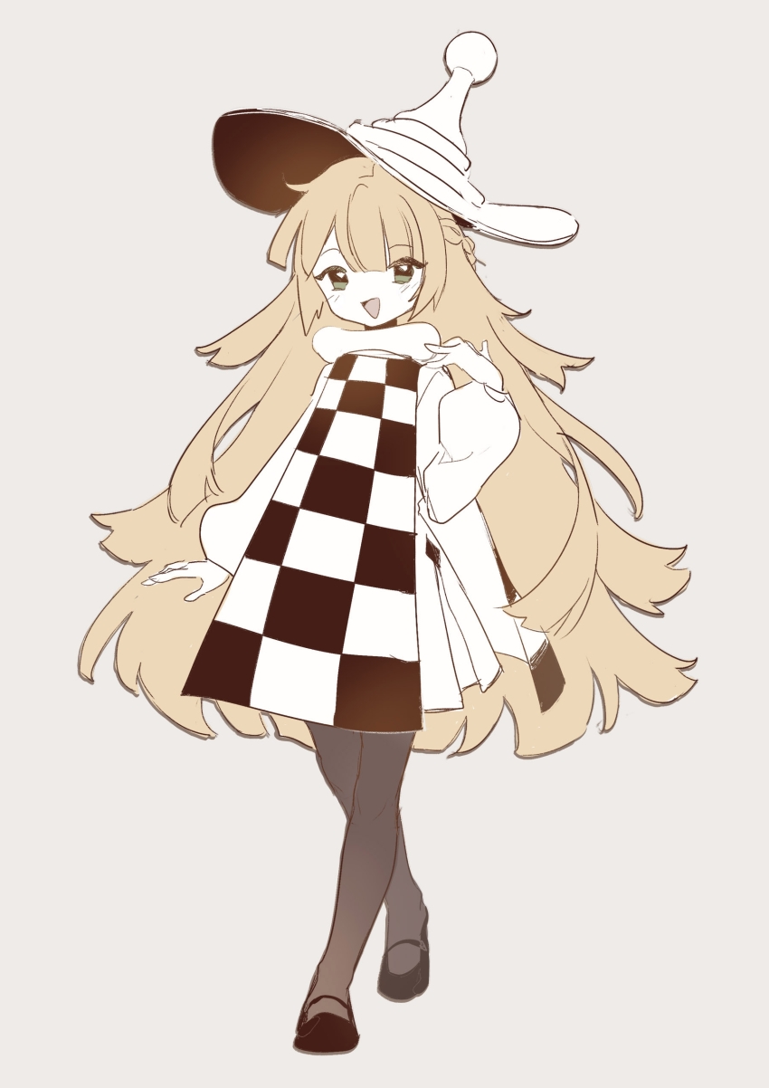 1girl :d absurdres arm_at_side as-zero black_leggings black_shoes blonde_hair blunt_bangs checkered_clothes cookie_run cosplay flat_color full_body grey_background hand_up highres leggings lobotomy_corporation long_hair looking_at_viewer mary_janes no_nose open_mouth partially_colored pawn_white_cookie pawn_white_cookie_(cosplay) project_moon shoes simple_background sketch smile solo tabard tiphereth_a_(project_moon) very_long_hair walking