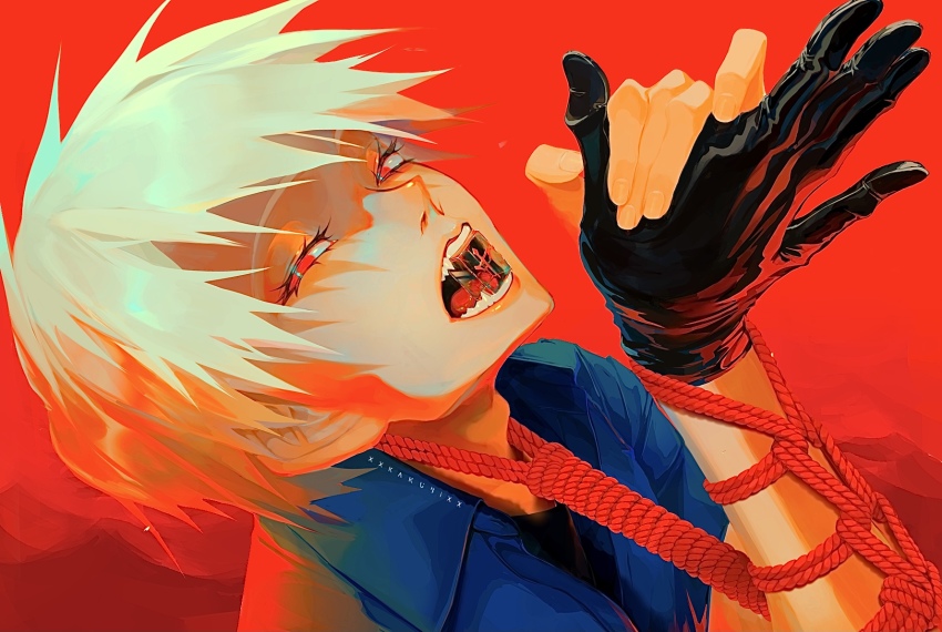 1boy akagi:_yami_ni_oritatta_tensai akagi_shigeru artist_name black_gloves blue_shirt bound collared_shirt fangs fukumoto_mahjong gloves highres in_mouth kakubi_neu long_eyelashes looking_at_viewer mahjong mahjong_tile male_focus own_hands_clasped own_hands_together red_background red_eyes rope rope_around_neck shirt solo spiked_hair tied_up_(nonsexual) white_hair