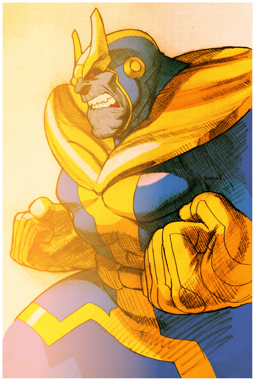 1boy angry armor avengers_(series) bengus black_sclera bodysuit boots border capcom clenched_hands colored_sclera colored_skin facing_to_the_side game_cg giant helmet highres infinity_gauntlet male_focus marvel marvel_vs._capcom marvel_vs._capcom_2 muscular non-web_source official_art purple_skin red_pupils scan shoulder_pads sidelighting simple_background solo teeth thanos