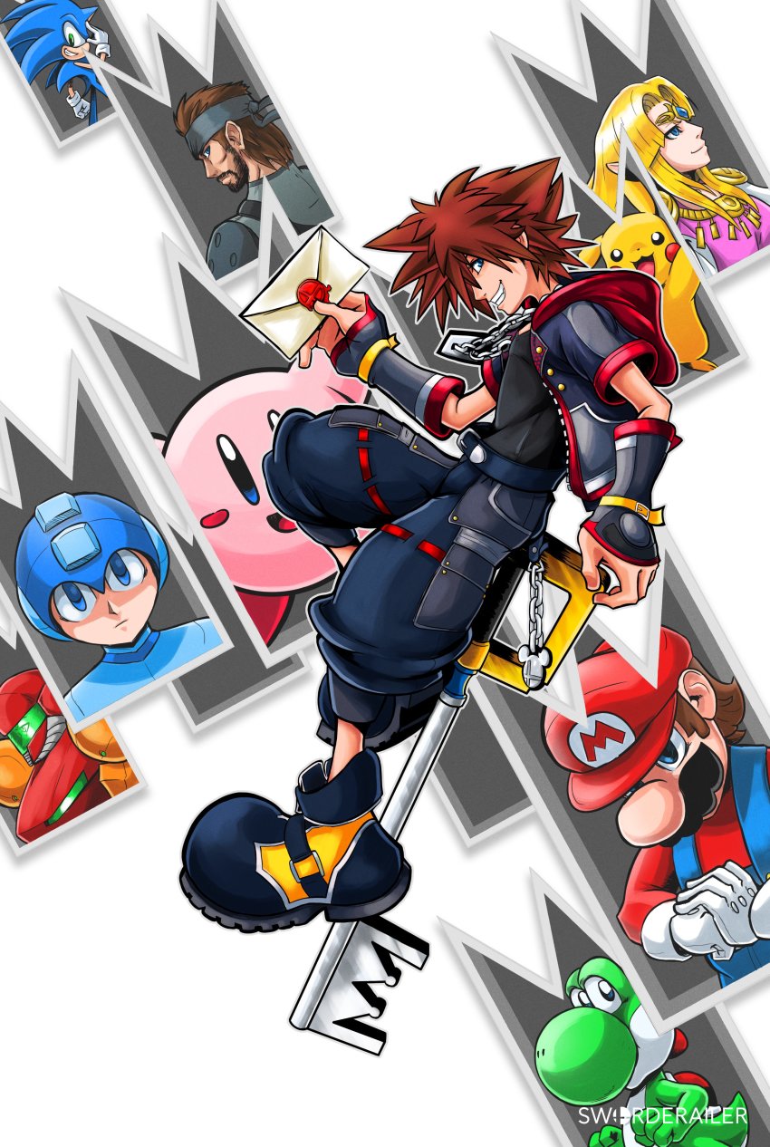 2girls 4boys absurdres beard blonde_hair blue_eyes breasts brown_hair capcom charm_(object) dinosaur expressionless facial_hair gen_1_pokemon gloves grin hat headband helmet highres keyblade kingdom_hearts kingdom_hearts:_chain_of_memories kirby kirby_(series) konami looking_at_viewer mario mario_(series) mega_man_(character) mega_man_(series) metal_gear_(series) metal_gear_solid metroid multiple_boys multiple_girls mustache nintendo pikachu pokemon pokemon_(creature) princess_zelda samus_aran sega shorts smile smug solid_snake sonic_(series) sonic_the_hedgehog sora_(kingdom_hearts) square_enix super_mario_bros._1 super_smash_bros. tail the_legend_of_zelda the_legend_of_zelda:_a_link_between_worlds tiara yoshi