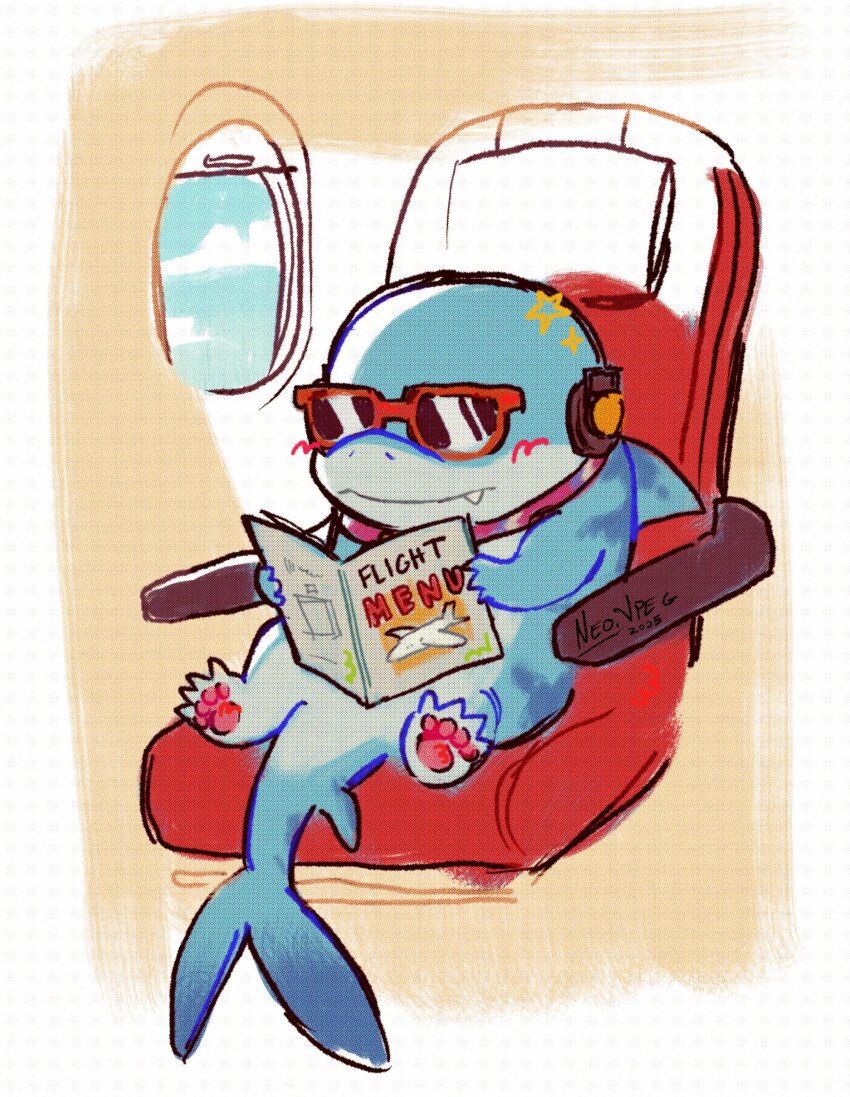 1boy absurdres airplane_interior artist_name blush commentary english_commentary english_text fins fish_tail highres holding holding_menu jeff_(marvel) marvel marvel_rivals menu neo_jpeg pawpads reading shark shark_fin shark_tail signature sitting star_(symbol) sunglasses tail window