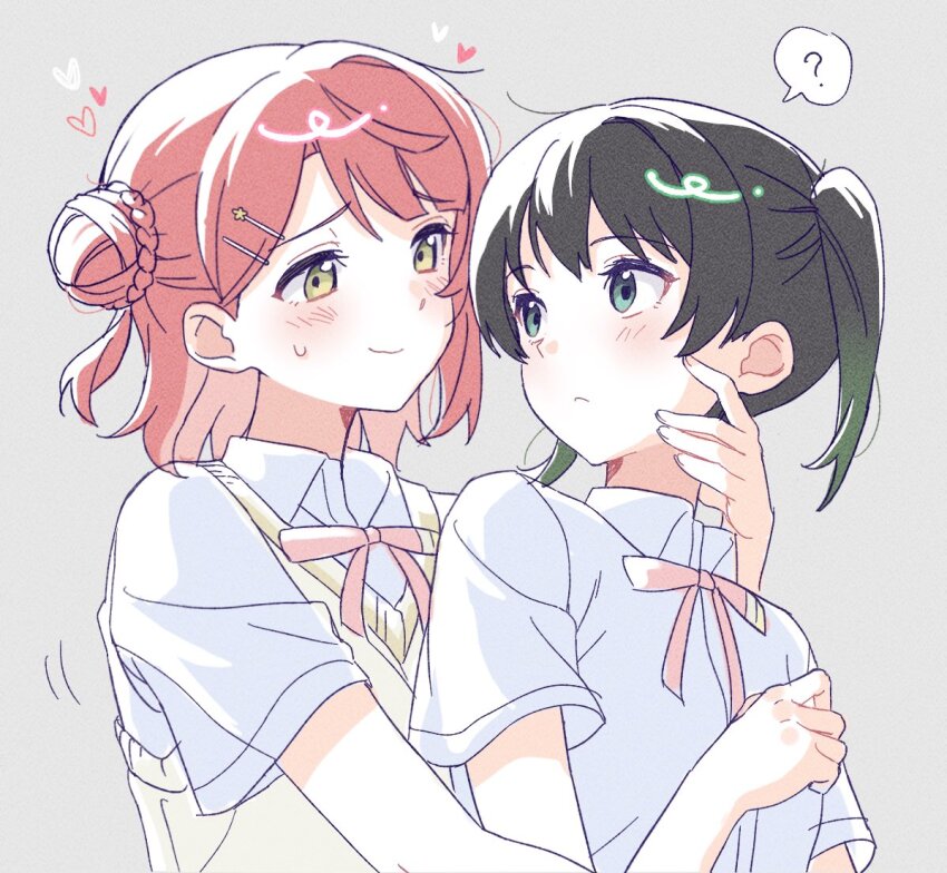 2girls ? black_hair bow bowtie bun_with_braided_base clenched_hand collared_shirt dress_shirt green_eyes grey_background hair_ornament hairclip hand_on_another&#039;s_cheek hand_on_another&#039;s_face hashtag-only_commentary heart hug hug_from_behind light_frown looking_at_another looking_back love_live! love_live!_nijigasaki_high_school_idol_club meobbab2 multiple_girls nijigasaki_school_uniform pink_bow pink_bowtie red_hair school_uniform shirt short_sleeves small_sweatdrop smile spoken_question_mark sweater_vest takasaki_yu uehara_ayumu upper_body wavy_mouth white_shirt yellow_sweater_vest yuri