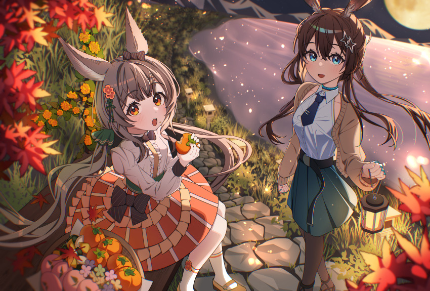 2girls absurdres alternate_costume amiya_(arknights) animal_ear_fluff animal_ears arknights belt black_belt black_bow black_necktie black_pantyhose blue_eyes blunt_bangs blush bow bowtie brown_hair brown_jacket flower_hairpin frills fruit_basket green_skirt hair_between_eyes hair_ornament highres holding_lamp jacket jewelry long_hair long_sleeves looking_at_viewer moon multiple_girls multiple_rings necktie open_clothes open_jacket open_mouth orange_eyes outdoors pantyhose puffy_sleeves rabbit_ears red_skirt ring selene_(yechan1245) shirt short_necktie sitting skirt star_(symbol) star_hair_ornament warmy_(arknights) white_shirt