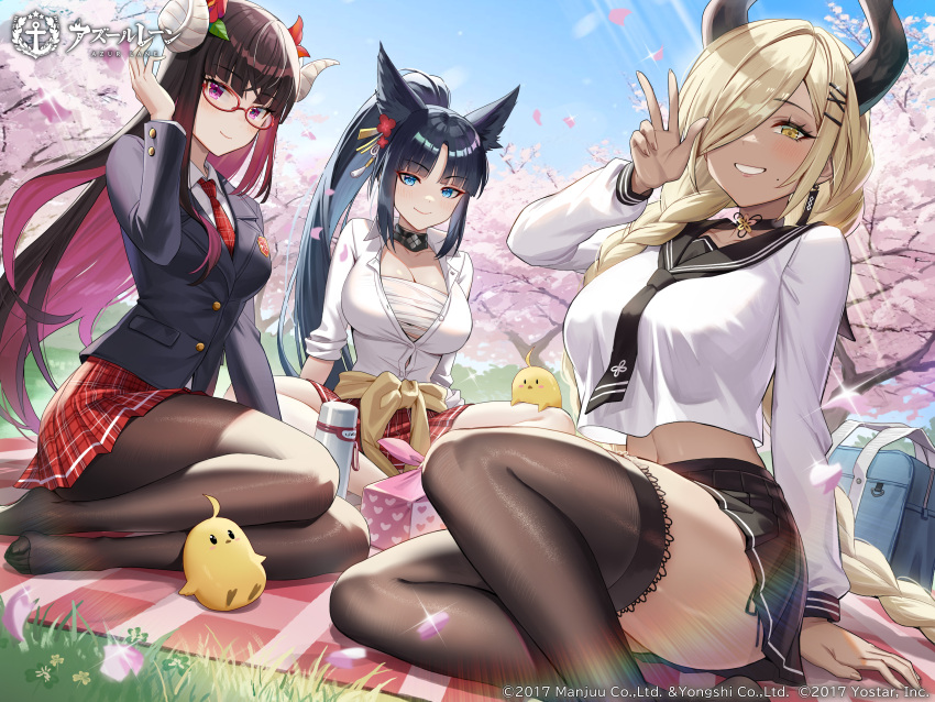 3girls absurdres animal animal_ear_fluff animal_ears anzumame arm_support azur_lane bag bird black_hair blazer blonde_hair blue_eyes blue_sky braid breasts brown_hair buttons cherry_blossoms choker cleavage company_connection copyright_name curled_horns dark-skinned_female dark_skin day fingernails glasses grass hair_over_one_eye hand_up high_ponytail highres horns jacket kii_(azur_lane) large_breasts logo long_hair long_sleeves looking_at_viewer manjuu_(azur_lane) medium_breasts mole mole_under_mouth multiple_girls necktie official_art outdoors owari_(azur_lane) pantyhose parted_lips petals pleated_skirt ponytail purple_eyes red-framed_eyewear sarashi school_bag school_uniform serafuku shiny_skin shirt sitting skirt sky sleeves_rolled_up smile suruga_(azur_lane) suruga_(straightfaced_model_student)_(azur_lane) thighhighs thighs tree twin_braids white_shirt yellow_eyes