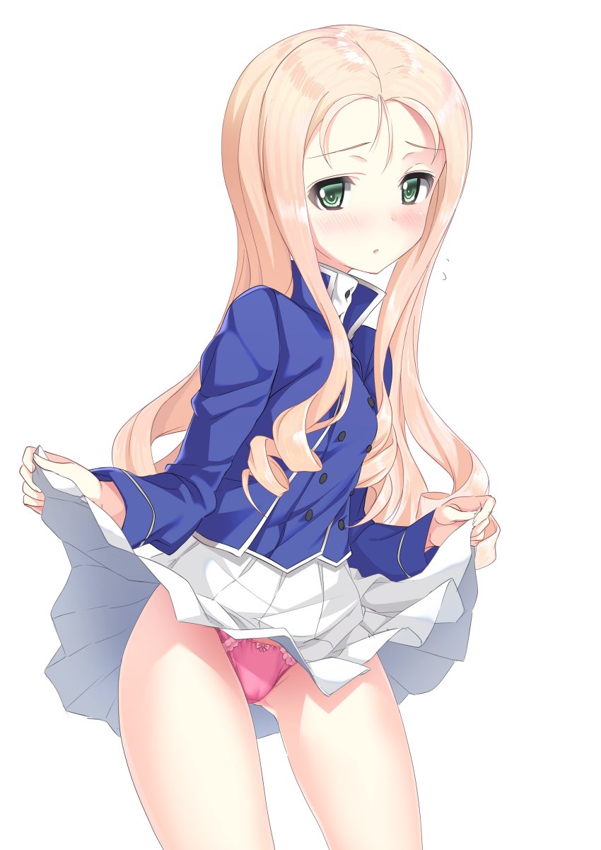 1girl a9b_(louis814) absurdres bc_freedom_school_uniform blonde_hair blush breasts cameltoe clothes_lift drill_hair girls_und_panzer green_eyes highres lifting_own_clothes long_hair looking_at_viewer marie_(girls_und_panzer) miniskirt open_mouth panties pink_panties pleated_skirt school_uniform simple_background skirt skirt_lift small_breasts solo underwear white_background white_skirt