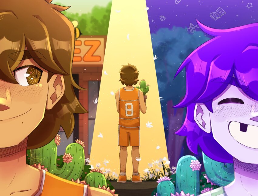 2boys alternate_eye_color bee brown_eyes brown_hair bug cactus closed_eyes closed_mouth collarbone colored_skin double-parted_bangs dual_persona hair_between_eyes highres insect kel_(faraway)_(omori) kel_(headspace)_(omori) kel_(omori) male_focus missing_tooth multiple_boys omori orange_shoes orange_shorts purple_hair shoes shorts smile socks sweggyq white_skin white_socks