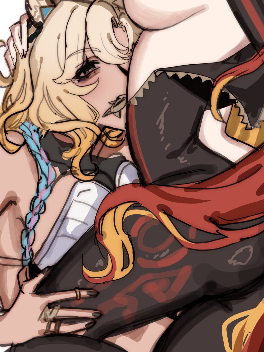 2girls animal_ears biker_clothes bikesuit blonde_hair bodysuit dark-skinned_female dark_skin ffff_0019 genshin_impact hand_in_pants headpat highres latex latex_bodysuit lying mavuika_(genshin_impact) multiple_girls on_stomach red_hair topless_female xilonen_(genshin_impact) yuri