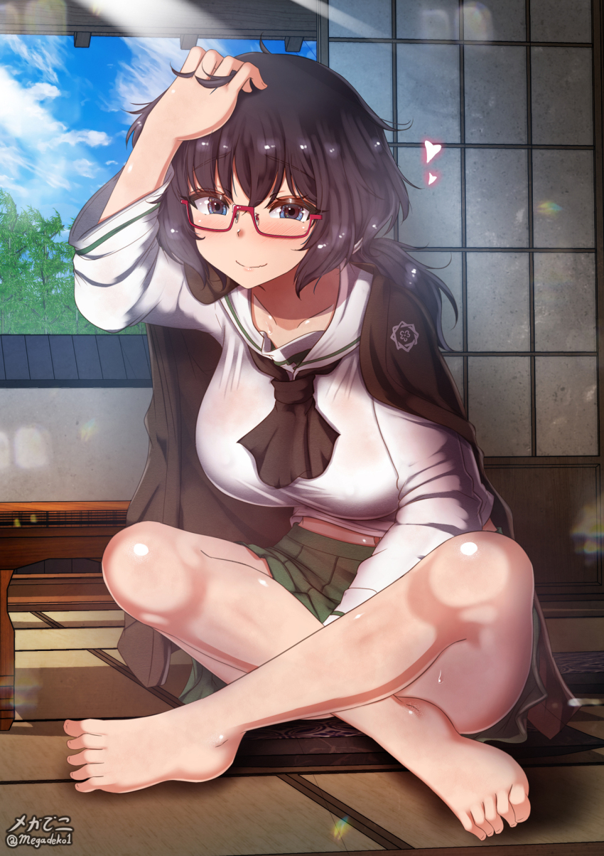 1girl barefoot black_hair blue_eyes blush breasts closed_mouth covered_erect_nipples girls_und_panzer glasses highres indoors large_breasts long_hair looking_at_viewer megadeko navel ooarai_school_uniform oryou_(girls_und_panzer) school_uniform smile solo
