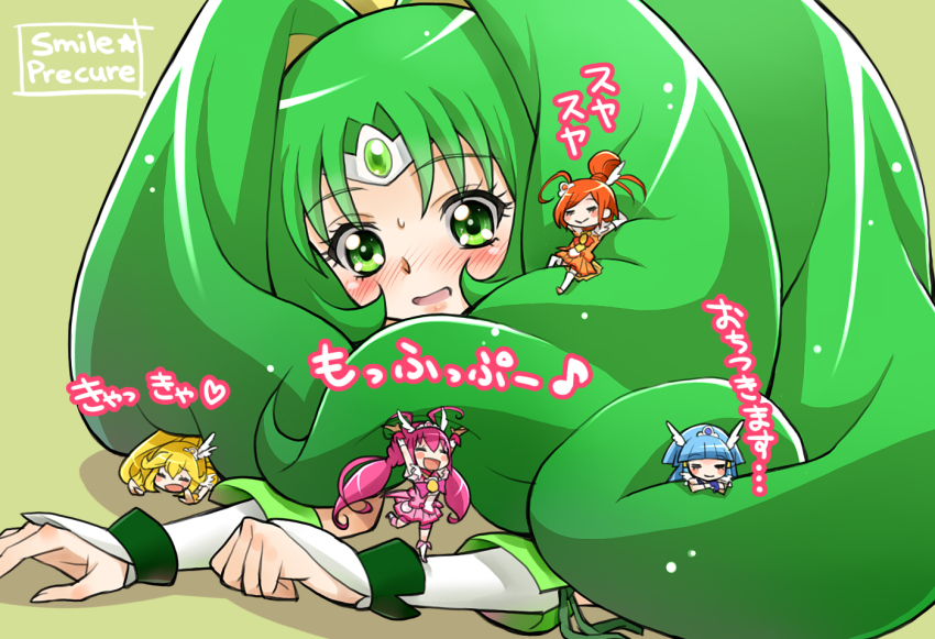 10s 5girls :&gt; :d =_= aoki_reika big_hair blonde_hair blue_hair blush copyright_name cure_beauty cure_happy cure_march cure_peace cure_sunny eyelashes green_eyes green_hair green_theme hair_flaps hino_akane_(smile_precure!) hoshizora_miyuki kise_yayoi long_hair magical_girl midorikawa_nao mini_person minigirl minimaru multiple_girls open_mouth orange_hair pink_hair precure smile smile_precure! twintails