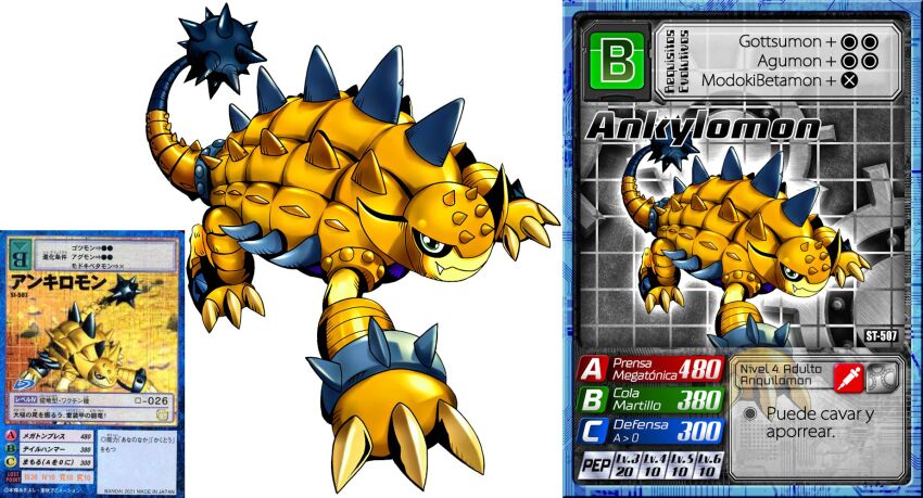 ankylomon digimon digimon_(creature) digimon_card_game dinosaur highres mace solo spiked_mace spikes tail weapon
