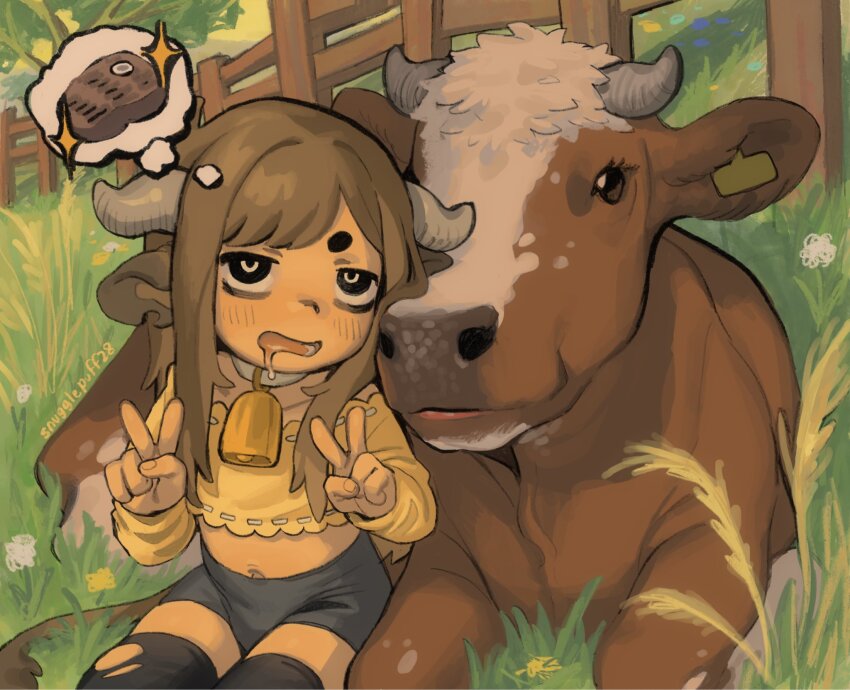 1other androgynous animal_ears bags_under_eyes bell black_eyes blush brown_hair child cow cow_ears cow_horns cow_tail cowbell crop_top drooling fence flower grass highres horns implied_cannibalism navel open_mouth original shorts snugglepuff28 solo tail tallow_(snugglepuff28) v wooden_fence