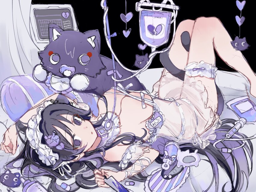 1girl alternate_costume alternate_hair_length alternate_hairstyle animal_ears arm_ribbon baby_bottle black_background black_hair blank_eyes blood blood_bag bloody_knife bottle bra breasts cardiogram cat_ears cat_tail chemise cleavage collar colored_inner_hair curled_fingers curtains detached_collar detached_sleeves frilled_hairband frilled_headwear frilled_sleeves frilled_thigh_strap frills genderswap genderswap_(mtf) genshin_impact hair_intakes hairband hands_up heart highres holding holding_knife intravenous_drip iv_stand kingyo_(nyankomanjyuu15) knee_blush knees knees_up knife long_hair looking_at_viewer multicolored_hair parted_lips pillow purple_blood purple_collar purple_eyes purple_hair ribbon scaramouche_(cat)_(genshin_impact) scaramouche_(genshin_impact) see-through_clothes sketch solo string_bra stuffed_animal stuffed_toy tail tail_around_own_leg thigh_strap underwear very_long_hair white_bra white_ribbon white_sleeves