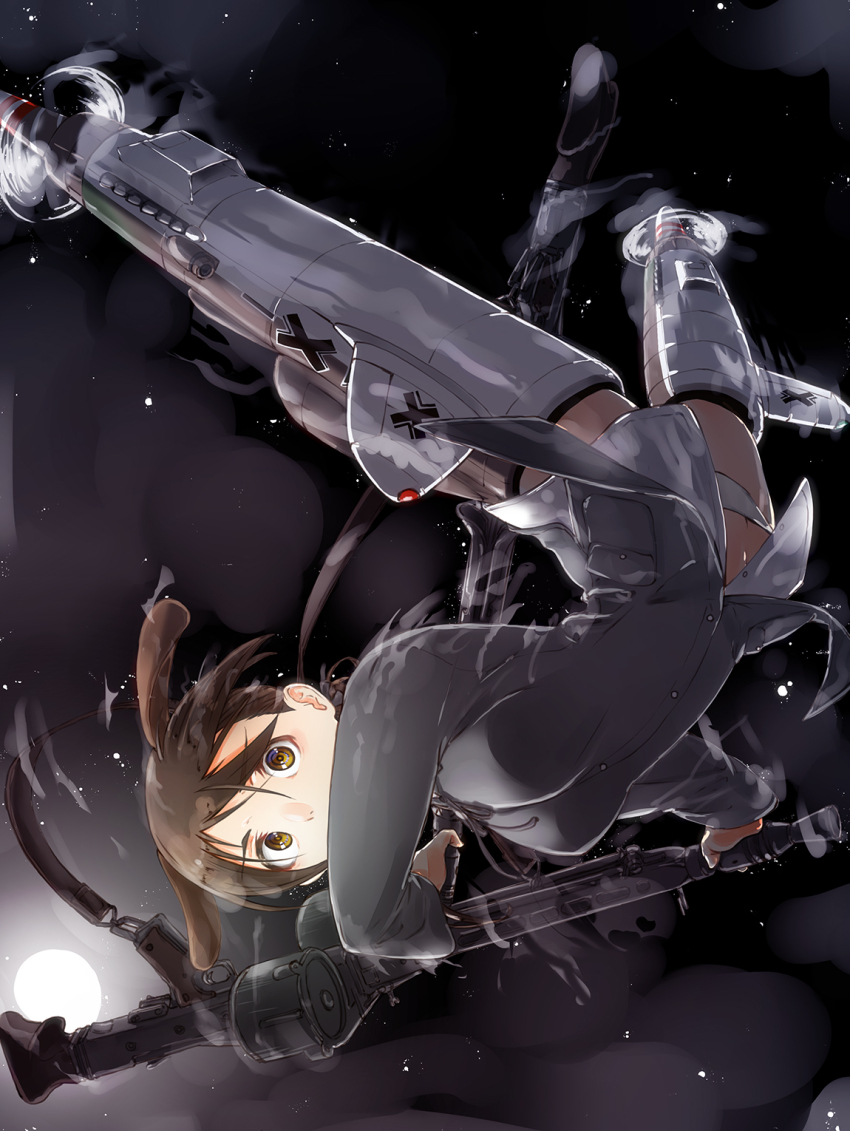 1girl animal_ears arched_back black_jacket black_ribbon black_sky brown_eyes brown_hair commentary dog_ears double-drum_magazine dress_shirt drum_magazine dual_wielding female_focus flying fog gertrud_barkhorn grey_panties grey_shirt gun high-capacity_magazine highres holding holding_gun holding_weapon jacket kaya_(nari1-24) long_hair long_sleeves looking_at_viewer machine_gun magazine_(weapon) mg42 military military_uniform moon neck_ribbon night night_sky panties ribbon roundel saddle-drum shirt sky solo strike_witches striker_unit twintails underwear upside-down weapon world_witches_series