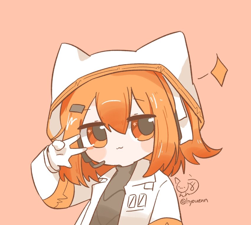 1girl :3 a.i._voice adachi_rei animal_hood breasts cat_hood closed_mouth gloves hair_between_eyes hair_ornament hand_up headset highres hood hood_up hyouenn jacket long_sleeves looking_at_viewer medium_breasts open_clothes open_jacket orange_eyes orange_hair signature simple_background solo twitter_username upper_body utau w w_over_eye white_gloves white_jacket